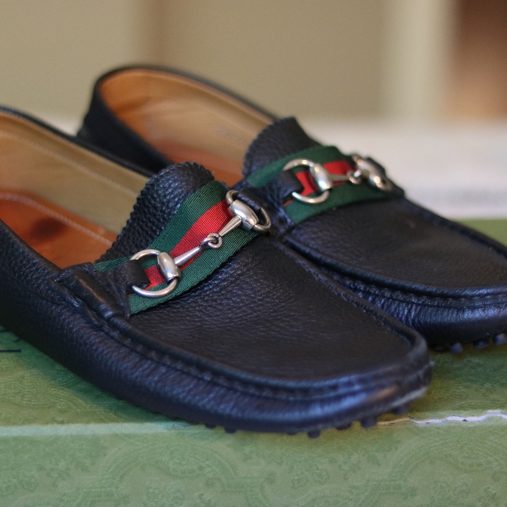 GUCCI Black Leather Horsebit Web Moccasin Driving Loafer Men's US 6.5